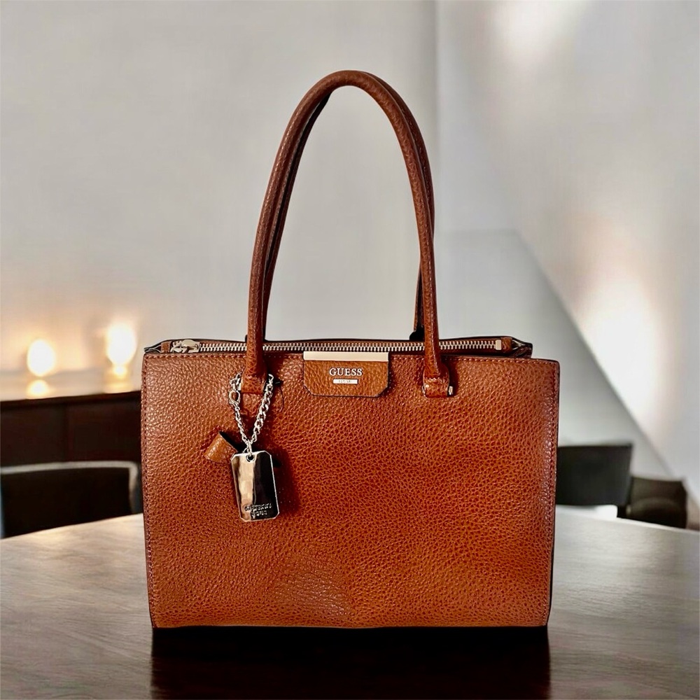 Guess Faux Leather Tan Rich Cognac Brown Structured Satchel Tote Bag
